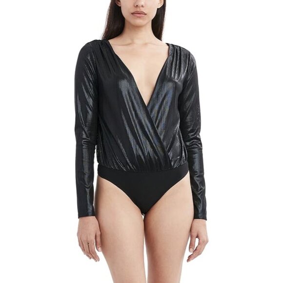 BCBGeneration Black Metallic Sheen Surplice Bodysuit Size XS - Picture 1 of 9